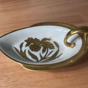 Vintage Stouffer Fine China Gold Orchid Leaf Trinket Dish w/ Handle